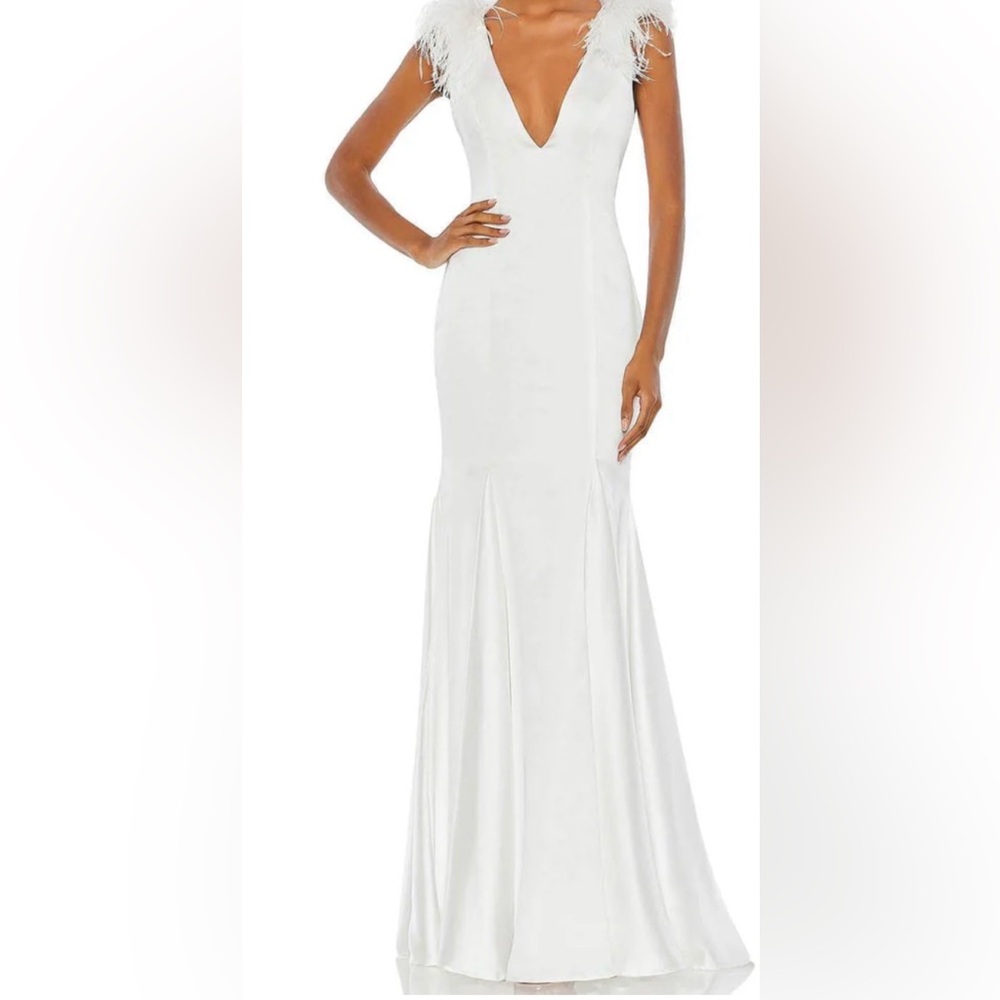 Mac Duggal White Feather-Trim Satin Maxi Gown